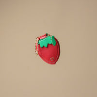 Single strawberry keychain – luxury leather fruit charm with stitched green leaf top and ball chain