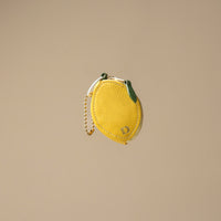 Yellow leather lemon keychain – artisan fruit-shaped accessory with stitching and gold keychain ring