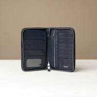 Open view of a blue Danilos Pebble leather Document Portfolio Alfaro with eight card slots, main pocket with three card slots