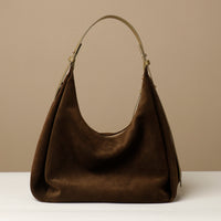 Suede Mia Minimale in dark olive – classic slouchy hobo silhouette with a modern sculpted handle