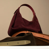 Burgundy, olive, and tan Mia Minimale bags – color mix of sculptural suede handbags