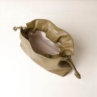 Neutral taupe leather pouch bag – ruched Danilo’s satchel with minimalist hardware and drawcord