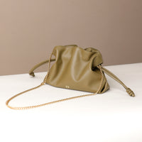 Olive green Sassy Satchel – soft nappa leather drawstring bag with gold-tone chain strap