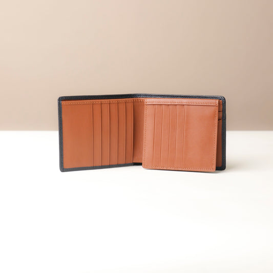 Brown leather wallet with black trim on a beige background