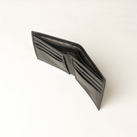 uper view of a black nappa leather Milano wallet with eight card slots and 2 money slots