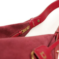 Close-up of a red suede danilos handbag with gold logo and hardware on a white background