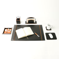 Office Leather Desk 6-Set (Pencil Holder) - Pebble Black with Napa Tan