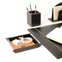 Office Leather Desk 6-Set (Pencil Holder) - Pebble Black with Napa Tan