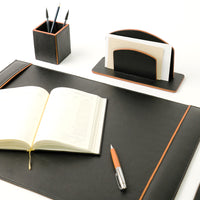 Office Leather Desk 6-Set (Pencil Holder) - Pebble Black with Napa Tan