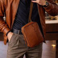 Person wearing a brown leather jacket and carrying a Dylan leather crossbody bag 