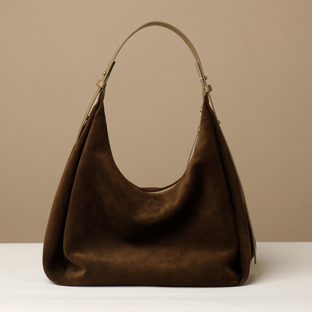 Suede Mia Minimale in dark olive – classic slouchy hobo silhouette with a modern sculpted handle