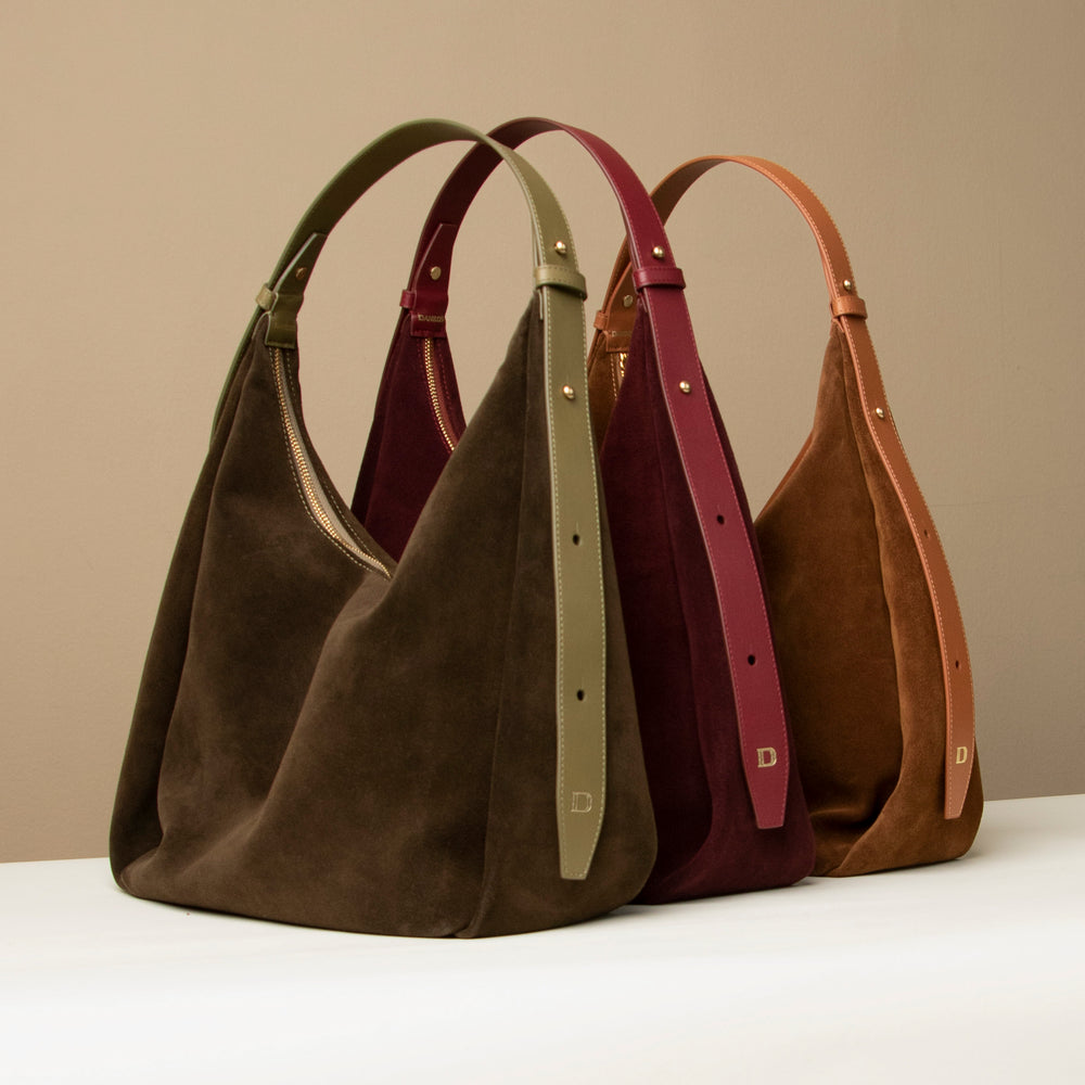 Línea de bolsos Suede Mia Minimale en oliva, burdeos y tan – Bolsos hobo suaves con correas de cuero estructurado