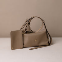 Hobo-bag-handbag-Mini-Mia-Minimale-with-pouch-Leather-Dark-Taupe-front-view-brand-danilos