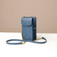 side view of a open blue danilos leather multi smartphone alessia over a white background