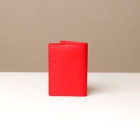 back view of a red pebble leather passport lovable Danilos on a light surface with a neutral background