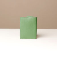 back view of a green pebble leather passport lovable Danilos on a light surface with a neutral background