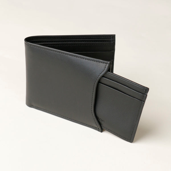Front of a black nappa leather Milano wallet with a card case holder that comes out of one of the sides