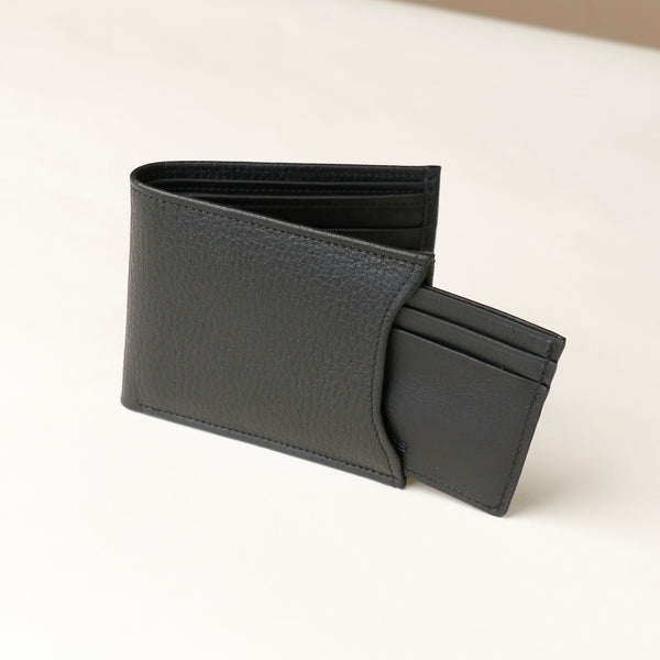 Front of a black pebble leather Milano wallet with card case holder that comes out of one of the sides