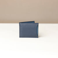 Front of a Blue pebble leather Milano wallet with space for a card case holder on the side