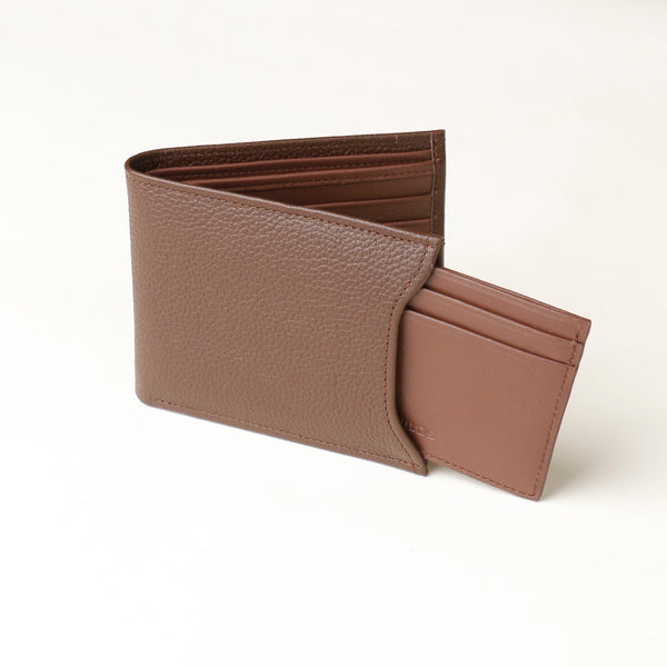 Front of a brown pebble leather Milano wallet with a card case holder that comes out of one of the sides