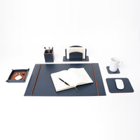 Office Leather Desk 6-Set (Pencil Holder) - Pebble Blue with Napa Tan