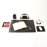 Office Leather Desk 6-Set (Pencil Holder) - Pebbled Black with Napa Red