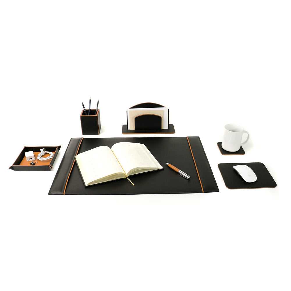 Office Leather Desk 6-Set (Pencil Holder) - Pebble Black with Napa Tan