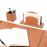 Office Leather Desk 6-Set (Pencil Holder) - Tan with Green